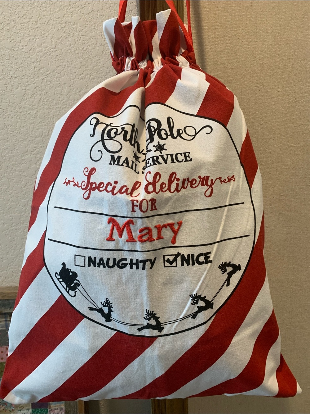 Personalized Red & White Striped Holiday Gift Bag - 'Mary'